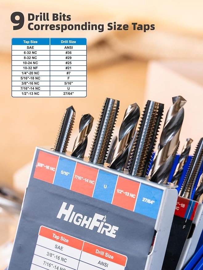 HIGHFIRE 18pcs SAE Drill and Tap Set with 1 Piece T-Handle Ratchet Tap Wrench Capacity Range #0-1/4", Black and Gold Premium HSS Jobber Length Drill Bits and Hand Plug Taps with Metal Indexed Box