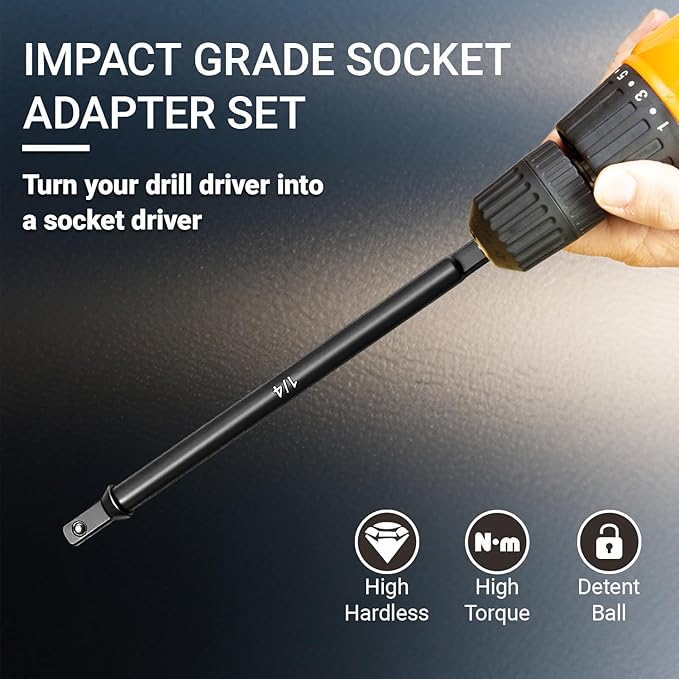 6-Piece Impact Sockets Adapter Sets,1/4, 3/8, 1/2-Inch Drive, 1/4-Inch Hex Shank, 2.5, 2.9 & 5.9 Inch Length, Impact Grade Extension Bit With Holder For Power Drill & Impact Driver
