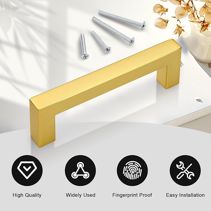Probrico Gold Cabinet Handles 3-3/4 Inch(96mm) Hole Centers Drawer Pulls Stainless Steel Kitchen Cabinet Handles Golden Square Drawer Handles Modern Cabinet Hardware 10 Pack