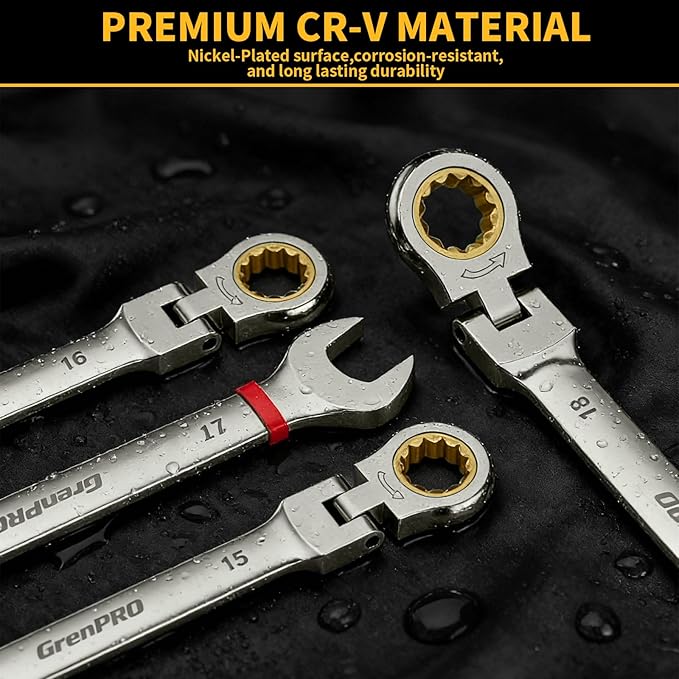 GRENPRO 23PCS Flex-Head Ratcheting Wrench Set, Combination Ratchet Wrenches Set Metric and Standard & SAE with Organizer Box, 6-18mm & 1/4" to 3/4" with Color Ring, Nickel Plating Socket Mechanic Tool