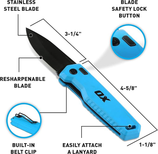 OX Pro Pocket Folding Knife with Stainless Steel Blade and Liner Lock EDC - Metal Body and Belt Clip for Jobsite Utility OX-P226301