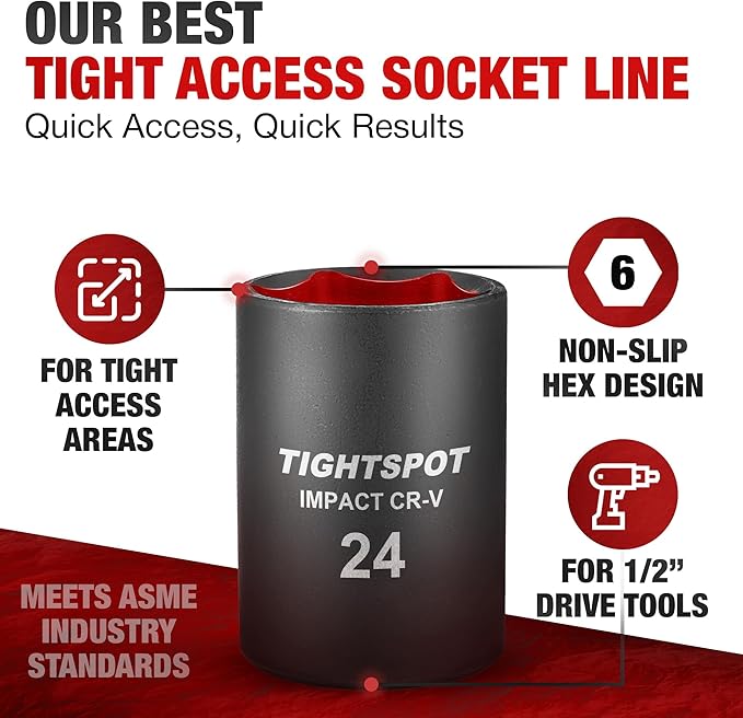 TIGHTSPOT 1/2 Inch Drive - 24mm Shallow Impact Socket with Anti-Rounding 6 Point Design, Heat-Treated CRV Steel, Metric