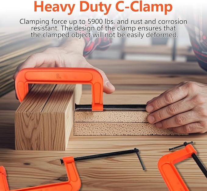 (4 PACK) C Clamps Set 8 Inch Heavy Duty Steel Iron Alloy Versatile G-Clamps, Orange