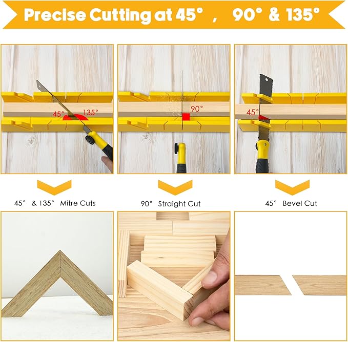 4-Piece Miter Box and Saw Set, 2.68 × 12-Inch Mitre Box with 3 Mitre Saws for Hardwood to Soft Metal Precise Miter and Bevel Cuts, Miter Box with Saw Included for Light-duty Tasks Only
