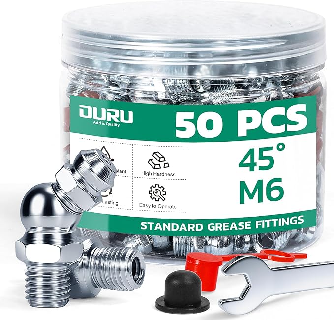 50PCS M6 Grease Fittings Kit, METRIC Zerk Grease Fittings 45 Degree with Grease Fitting Caps & Wrench Kit(9mm) for Grease Gun