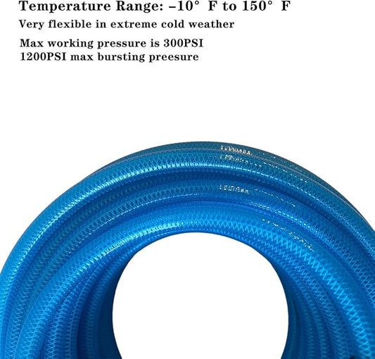 Air Hose 1/4 in x 100 ft, Polyurethane(PU), Reinforced Air Compressor Hose, Lightweight, Kink Resistant with 1/4??Industrial High Flow Quick Coupler&Plug, Bend Restrictors,300 PSI (100FT, White Blue)