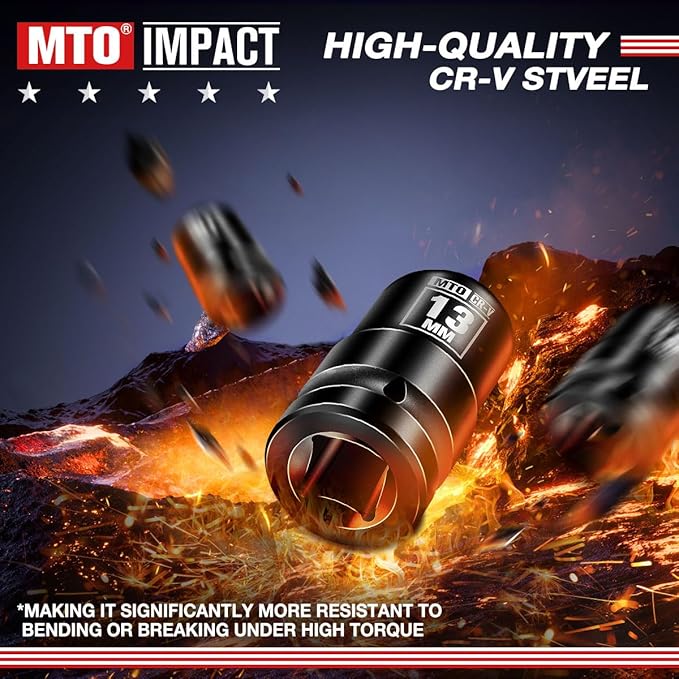 MTO 1/2" Drive 13mm Shallow Impact Socket, 6-Point Metric Socket for Automotive Maintaince, CR-V Steel Meets ANSI Standards