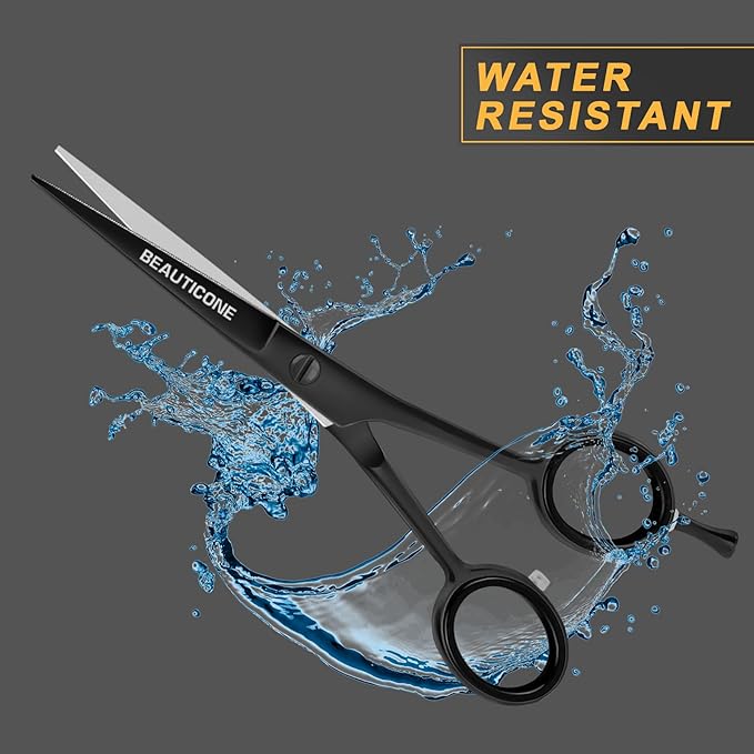 BEAUTICONE 짰 Hair Cutting Scissors - High Carbon SS 6.5" Professional Barber-Grade Salon Shears with Serrated & Razor Edge - Black Premium Gift Box with Leather Pouch & Extra Accs - Ultra Lightweight