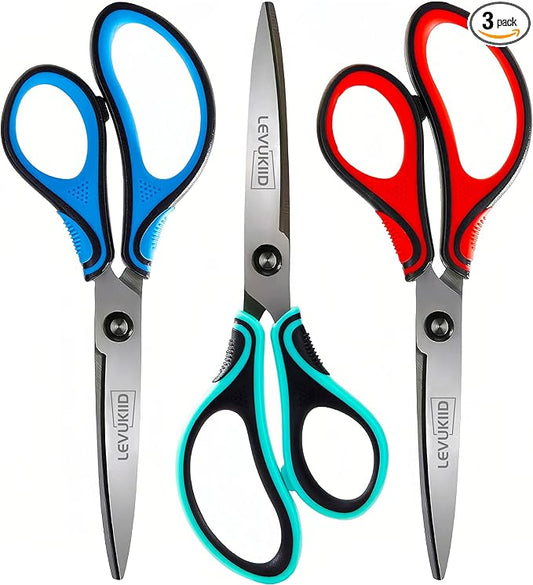 8-Inch All Purpose Scissors 3 Pack, Sharp Pointed Tip & Comfort Grip, Multipurpose Scissors for Adult, Office, Craft, Fabric, Kitchen, School Use