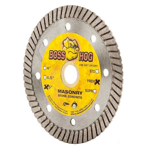 Delta Diamond Boss Hog 5 Inch Turbo Premium Diamond Blade for Masonry, Brick, Block, Pavers, Concrete, Stone, Wet/Dry Cutting, Continuous Rim (5")