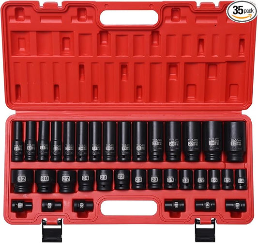 Hex Bit Socket Set 1/2 Drive,35 PCS Axle Nut Socket,Metric Shallow(8mm-32mm) & Deep(10-32 mm) Standard Sizes,CR-MO Alloy Steel for Auto Repair
