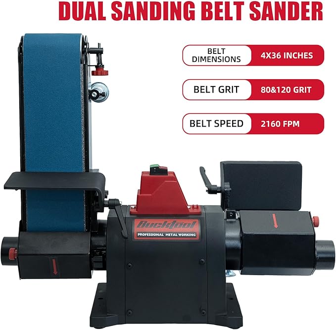 BUCKTOOL 1HP Benchtop Dual-Belt Sander, 4 x 36 in Sanding Belts with 80 & 120 Grits, 2160 FPM, 2-in-1 Worktables, Cast Aluminum Base, Knife Sharpening, Woodworking Bench Tool