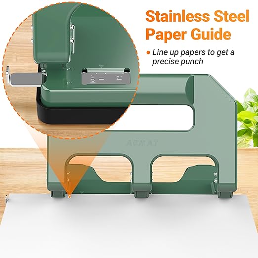 AFMAT Heavy Duty 3 Hole Punch, 3 Hole Puncher for Binder, 40-Sheet Three Hole Punch w/ 10000+ Uses, Metal Hole Puncher 3 Ring, 50% Reduced Effort, 9/32inch Hole, Bulit-in S.S. Paper Guide HPX1(Green)