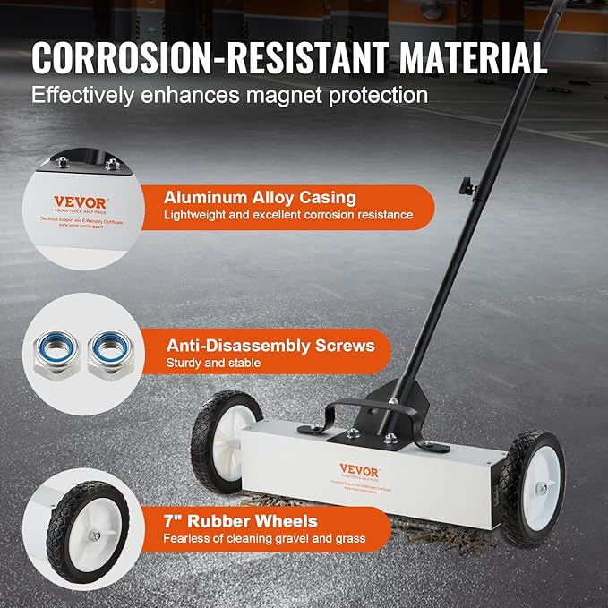 VEVOR 45Lbs Rolling Magnetic Sweeper with Wheels, 18-inch Large Magnet Pickup Lawn Sweeper, Push-Type Magnetic Pick Up Sweeper, Magnet with Telescoping Handle, Easy Cleanup of Workshop Yard Garage
