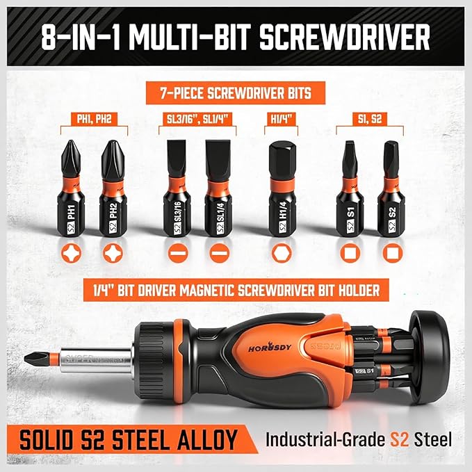 HORUSDY Magnetic Portable Screwdriver Bit Set: 8-in-1 Ratcheting Screw Driver Includes 1/4?쒫it Driver Holder, 7 Screwdriver Bits with Phillips, Slotted, Square, Hex, for Garage & Daily Repair