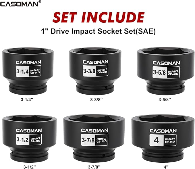 CASOMAN 6-Piece 1" Drive Shallow Spindle Axle Nut Impact Socket Set, 6-Point, Standard Large Socket Set, SAE (3-1/4" to 4"), CR-MO Steel, with Storage Case