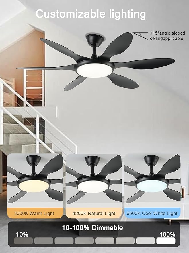 Ceiling Fans with Lights, 51 Inch Ceiling Fan with Light and Remote Control, Reversible, 3CCT, Dimmable, Noiseless, LED Black Ceiling Fan for Bedroom, Living Room, Indoor/Outdoor Use
