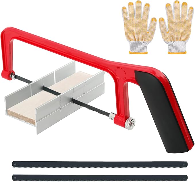 Mini Metal Mitre Box and Saw Set, 6 Inch Extra Fine Cut Hand Saw with 2 Hacksaw Replacement Blades & Gloves for Crafts, Hobby Projects, Cutting Wood, Soft Metal (Red)