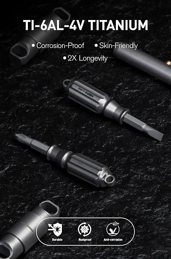 KEEPO LINK Small Screwdriver Set with 4 Magnetic Bits (PH1, SL3.5, T6H, T8H), Titanium Mini Torx Screwdriver Keychain, Precision Screwdriver Torx Bit Set for Everyday Carry (Gunmetal Grey)
