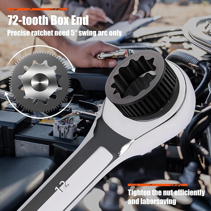 Egofine 8mm Ratcheting Combination Wrench Metric, Industrial Grade Gear Spanner with 12-Point Design, 72-Tooth Ratchet, Chrome Vanadium Steel