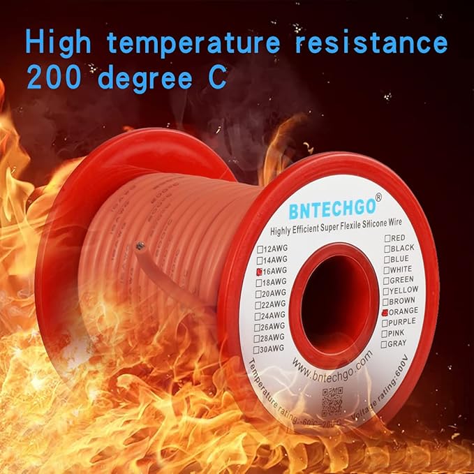 BNTECHGO 16 Gauge Silicone Wire Spool 50 ft Orange Flexible 16 AWG Stranded Tinned Copper Wire
