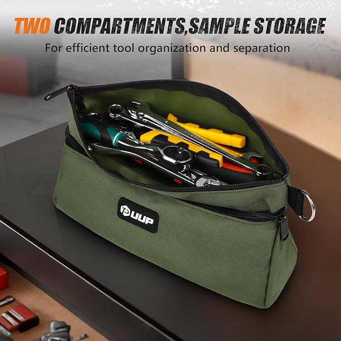10"12" Small Tool Bag with Zipper,2 Pack Heavy Duty Tool Pouch with Two Compartments,Utility Toolbox Storage Organizer for Electrician Mechanic, Gift for Men Dad, Orange/Green