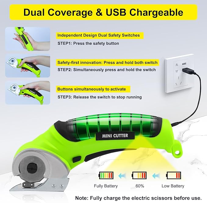 4V Cordless Electric Scissors Carpet Cutter Tool with Rechargeable & Safety Lock, Rotary Blade for Recycling Cutting Leather, Blanket, Gifts for Men Adult Crafter,Lightweight-Green