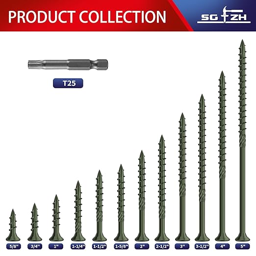 #10 x 5 Inch Deck Screws (328Pcs) 8lb. Carbon Steel, Green, Flat Head, Rust Resistant epoxy Coated, with T25 Star Bit