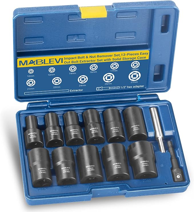 MABLEVI 13 PCS Bolt Extractor Set, 1/2" Drive Impact Lug Nut Remover Socket Tool with Center Punch Bar for Damaged, Frozen, Studs, Rusted, Rounded-Off Bolts & Screws