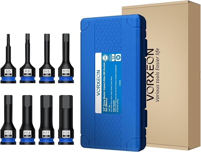 8 Pcs 1/2" Drive Metric Impact Allen Hex Socket Set S2 Alloy Steel One-piece forged With Storage Case 5 mm, 6 mm, 8 mm, 10 mm, 12 mm, 14 mm, 17 mm, 19 mm