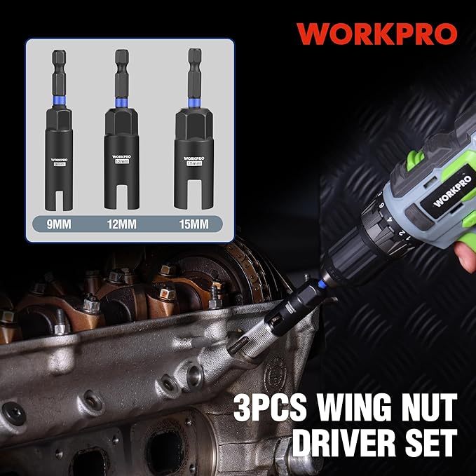 WORKPRO Wing Nut Driver Set 3 PCS, Power Wing Nut Driver Bit (9mm,12mm,15mm), 1/4 Inch Hex Shank Nut Driver, Wing Nut Socket for Wing Nut, Eye Bolt, Wire Twisting