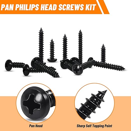 410 PSC Stainless Steel Black Screw Assortment Kit - #4#6#8#10 Phillips Pan Head, Self-Tapping for Wood & Metal