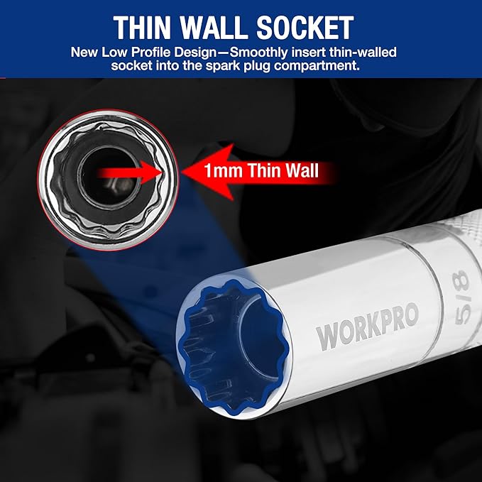 WORKPRO 7 PCS Magnetic Swivel Spark Plug Socket Set, Includes 9/16-inch, 5/8-inch, 13/16-inch, 14MM Thin Wall Sockets with 4, 6, 11-inch Extensions, 3/8" Drive with 12 Points, Magnetic Core