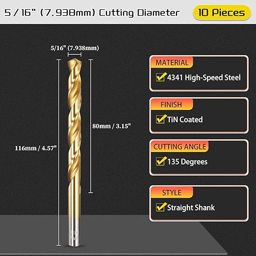 Drill Bit, 5/16" Cutting Diameter, 4341 HSS Jobber Bits TiN Coated 135° Cutting Angle - (Applications: for Drilling Soft Metal Plastic Wood), 10-Pieces