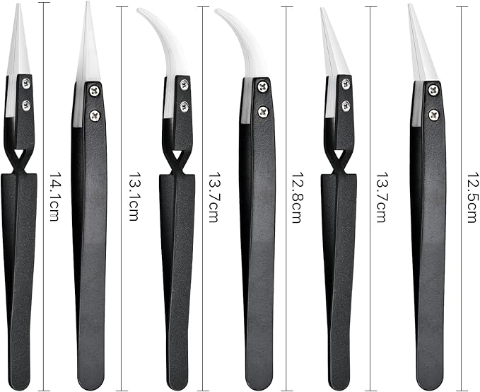 6 Pcs Precision Reverse Ceramic Tweezers Set, Non-Conductive Heat-resistant Electronics Soldering Tweezers Anti-Magnetic Pointed & Curved Tips Tweezers for Solder, Pinching Coils (Black)