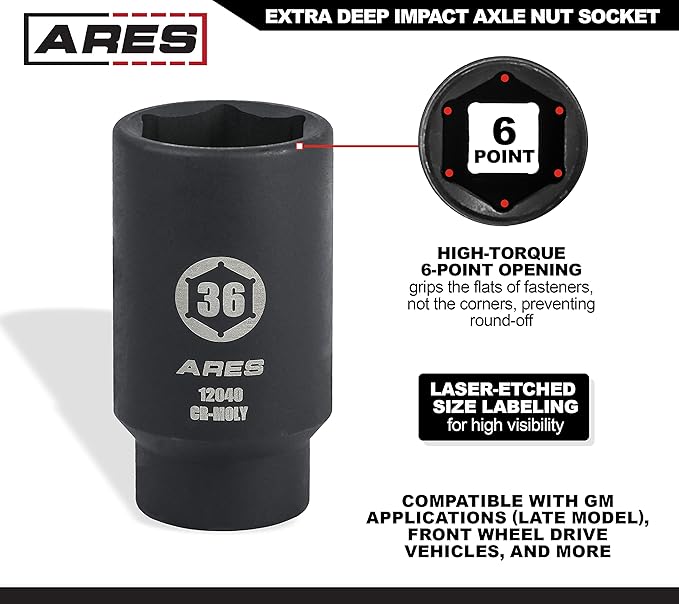 ARES 12040-36MM Axle Nut Socket - 6 Point Socket - Extra Deep 1/2-Inch Drive Impact Socket for Easy Removal of Axle Shaft Nuts