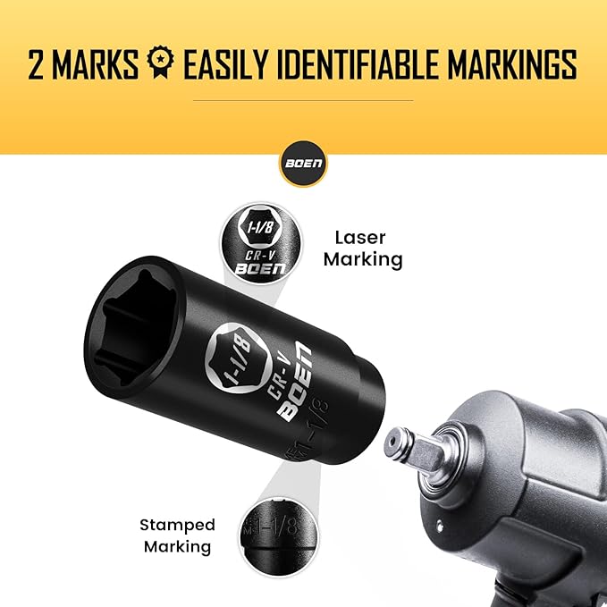 BOEN 1/2" Drive Deep Impact Socket,1-1/8 Inch Premium Socket,SAE,6 Point,Cr-V Steel with Laser Marking - Strong and Durable
