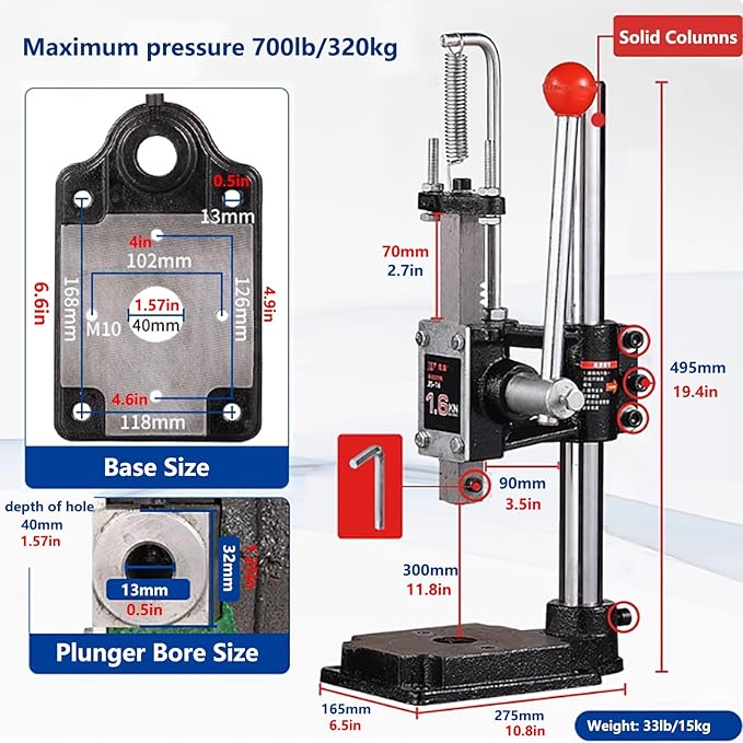 Maximum Height 19.6in/500mm, 640kg Heavy Duty Arbor Press, Manual Leather Embosser, Bench Top Perforator, Hand Trigger Press Cast Iron, for Mounting, Removing or Compressing Workpieces(320kg)