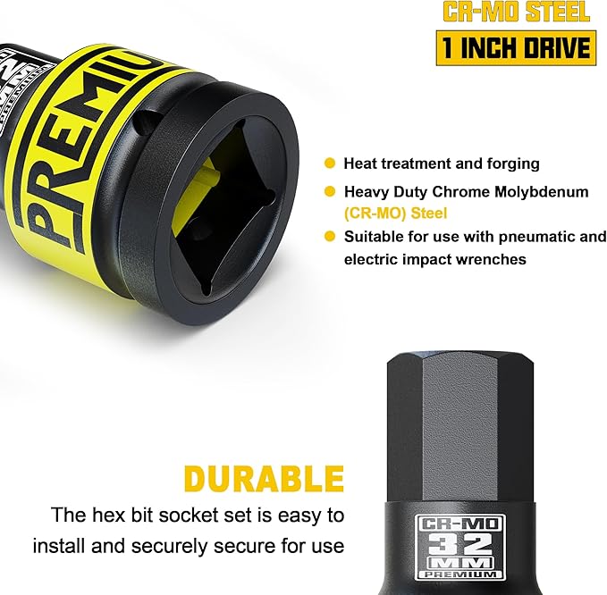 1" Drive H32 Impact Hex Bit Socket, 32 mm Allen Bit Socket, Metric, Cr-Mo Steel, Truck Repair and Equipment Maintenance