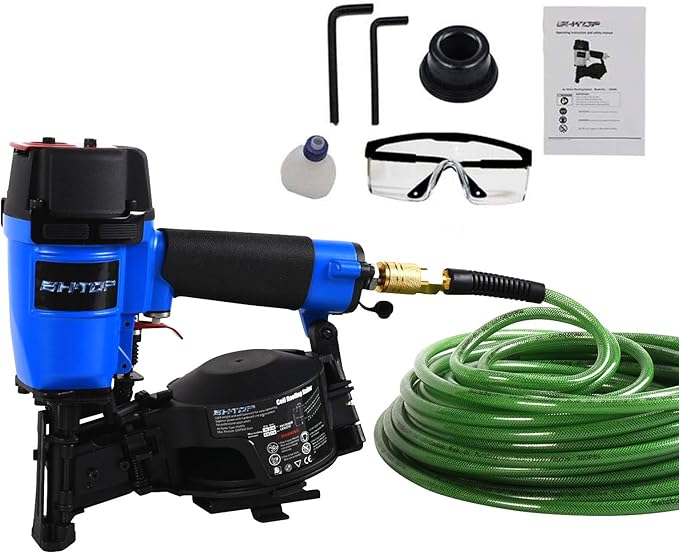 BHTOP CN45N Roofing Nailer with 100Ft Air Hose, 15 Degree Roofing Nail Gun, 3/4-Inch to 1-3/4-Inch Coil Nails, 120-pcs Load Capacity Coil Nailer in Blue