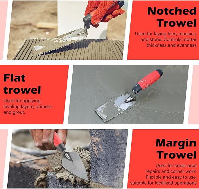 3 Pcs Masonry Tools Set High Carbon Steel 6'' V Notched Flooring Trowels, 5.5'' Pointing and 5'' Margin Trowel with Soft Handle Grip Bricklaying Hand Tool for Concrete Cement Plaster Tile Construction