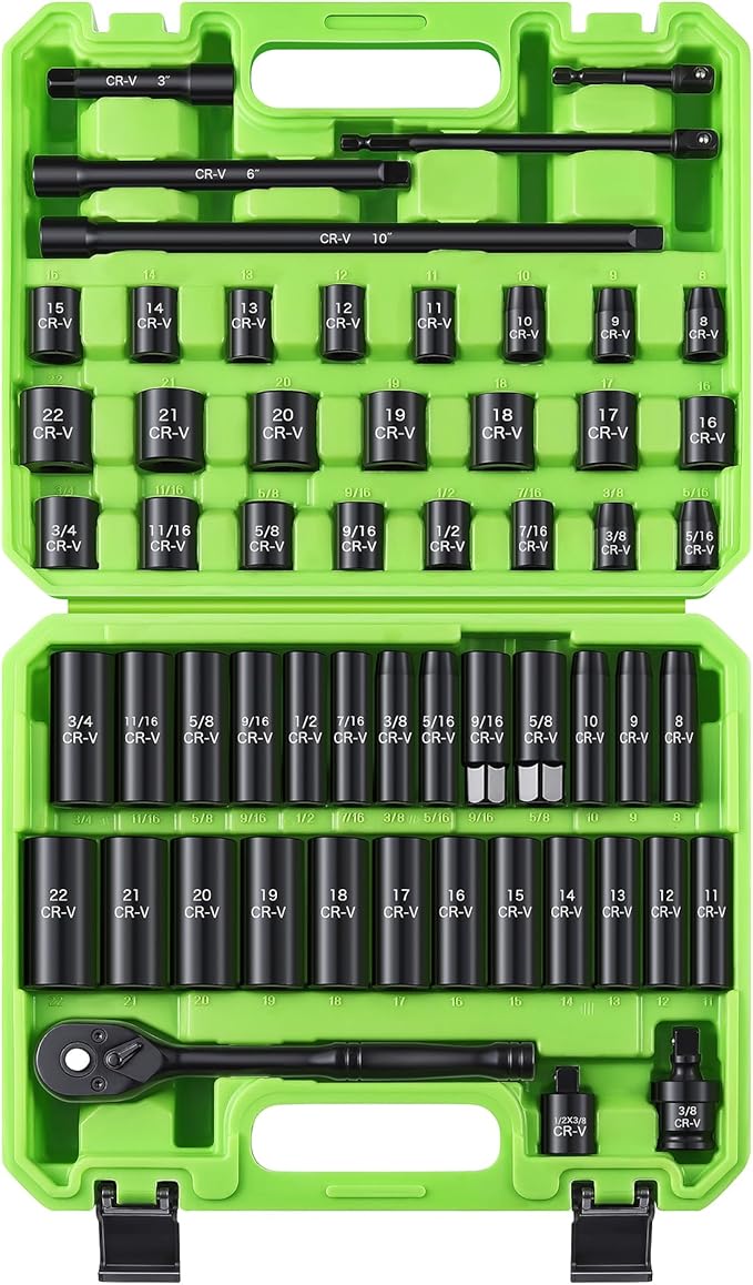 56-Piece 3/8" Drive Socket Set, SAE (5/16"-3/4") & Metric (8mm-22mm), Deep & Shallow, Ratchet Handle, Extension Bars, Adapter, Universal Joint, Power Drill Adapters, Spark Plug Sockets, CR-V