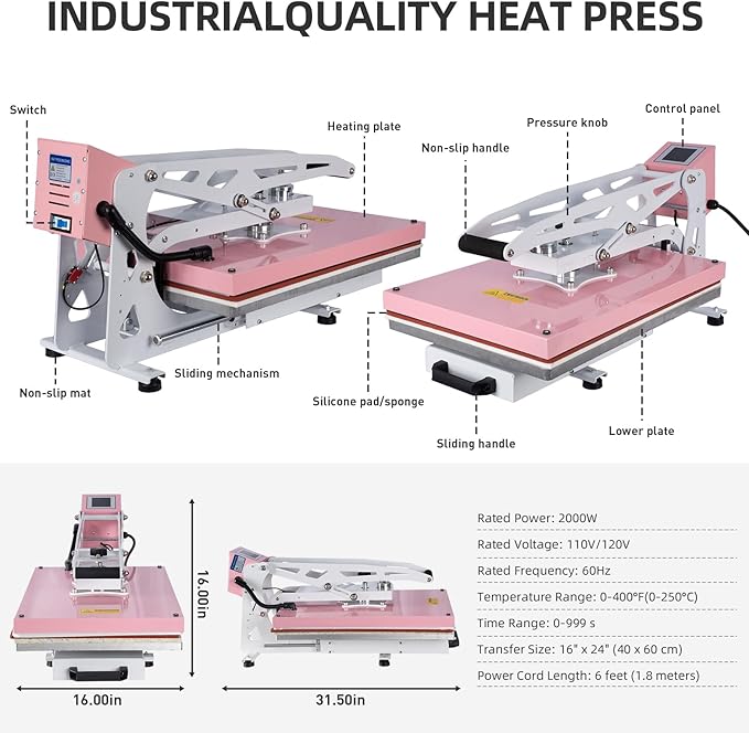 16x24 Heat Press Machine, Semi-Auto Commercial Heat Press, for T Shirts, Garments, Bags, Textiles, Curtains, Mousepads, Perfect for POD & Home DIY & Small Business Customization, Pink