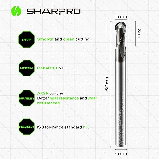 Carbide Ball Nose End Mill 2 Flute 4mm SHK. 4mm Cutting Dia. 3D Carving, High-Speed and Deep Cutting, AlCrN Coated, Apply for Alloy Steel, Stainless Steel and Various Cast Iron.