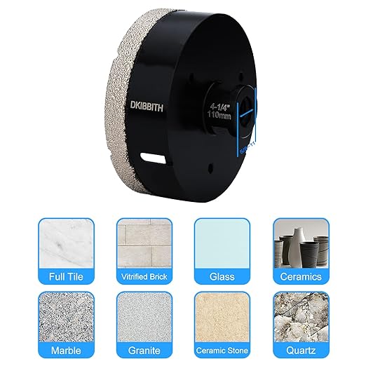 DKIBBITH 4-1/4 in Dry Diamond Core Drill Bit, Tile Hole Saw for Ceramic Porcelain Granite Quartz Marble Tiles Stone Brick Glass Block with 5/8-11 Thread Fit Angle Grinders, 110mm Black