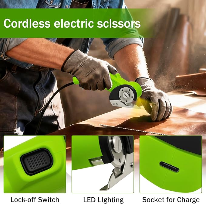 High-Speed Cardboard Cutter, Cordless Rechargeable Electric Scissors with Safety Lock and LED Light, Rotating Blade for Cardboard Fabric Carpet (Green)