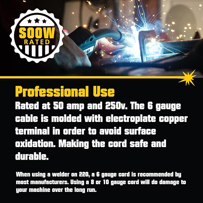PrimeWeld Welder Extension Cord, SOOW Rated, 50 amp, 250v NEMA 6-50 Heavy Duty Welding Cable, 6 Gauge, (50ft)