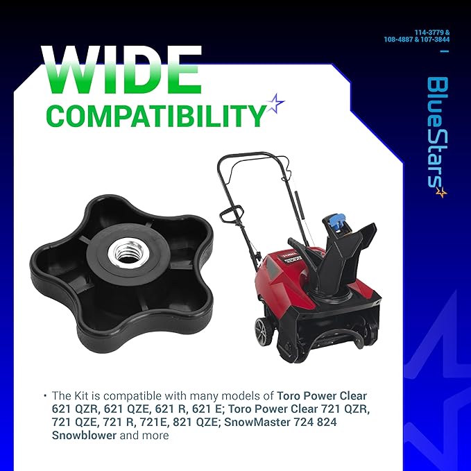 BlueStars 114-3779 Handle Knob 108-4887 Handle Lock 107-3844 Washer - Compatible with Toro 621 721 R E QZR QZE CCR 6053 Snowblower 21" Power Clear 24" Snow Master Snow Blower w/Fuel Line Primer Bulb