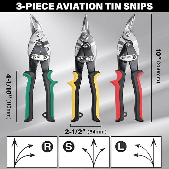 HAUTMEC 3-Piece Aviation Tin Snips for Cutting Metal Sheet, CR-V Steel Miter Shears for Straight, Left & Right Cuts, 10 Inch Heavy-Duty Sheet Metal Cutters with Safety Lock & Ergonomic Grip - HT0068