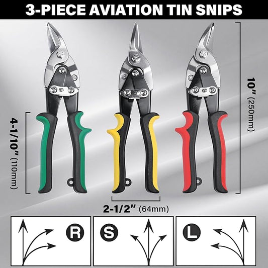 HAUTMEC 3-Piece Aviation Tin Snips for Cutting Metal Sheet, CR-V Steel Miter Shears for Straight, Left & Right Cuts, 10 Inch Heavy-Duty Sheet Metal Cutters with Safety Lock & Ergonomic Grip - HT0068